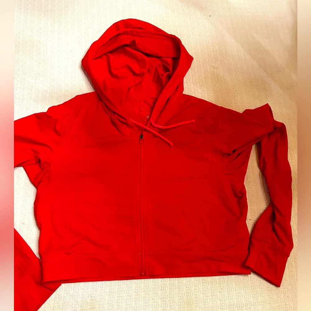 ATHLETA CROPPED HOODIE LONG SLEEVED ZIPPER FRONT SZ L YOGA RED STRETCHY